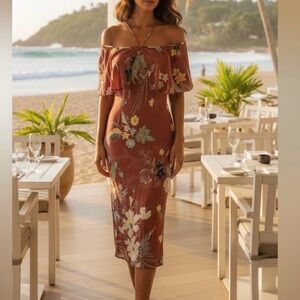 Cleobella Revolve Anthropologie Mauve Floral off the shoulder ruffle dress M 6 8